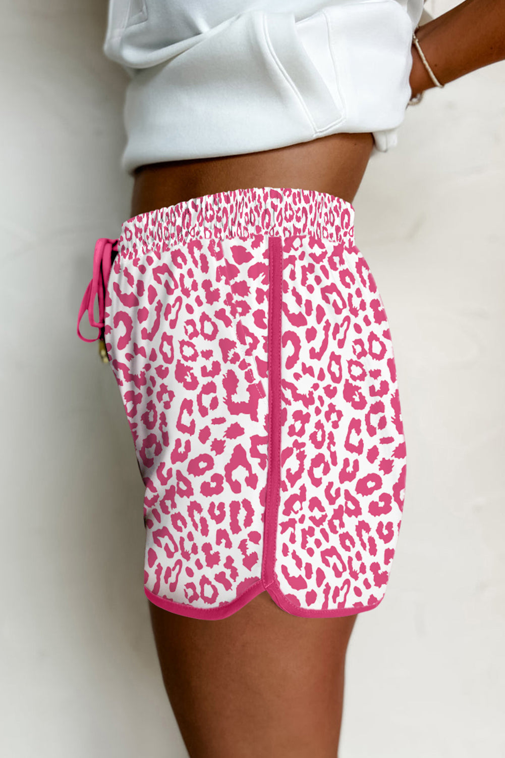 White Leopard Elastic Waist Lace up Contrast Trim Casual Shorts