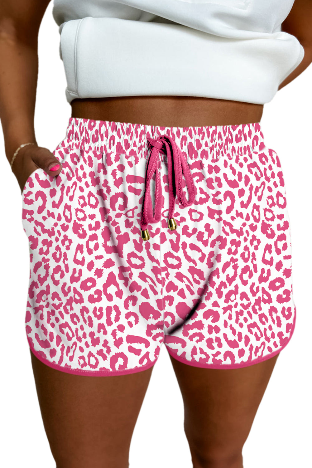 White Leopard Elastic Waist Lace up Contrast Trim Casual Shorts