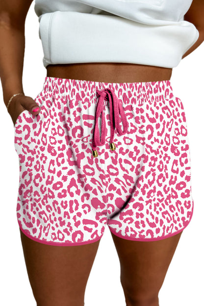 White Leopard Elastic Waist Lace up Contrast Trim Casual Shorts