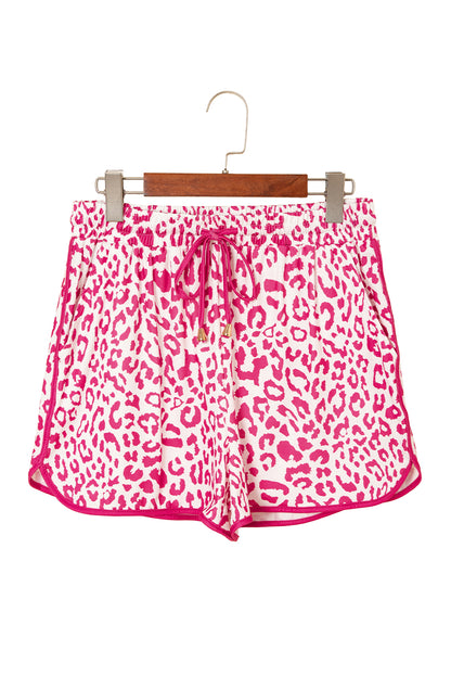 White Leopard Elastic Waist Lace up Contrast Trim Casual Shorts